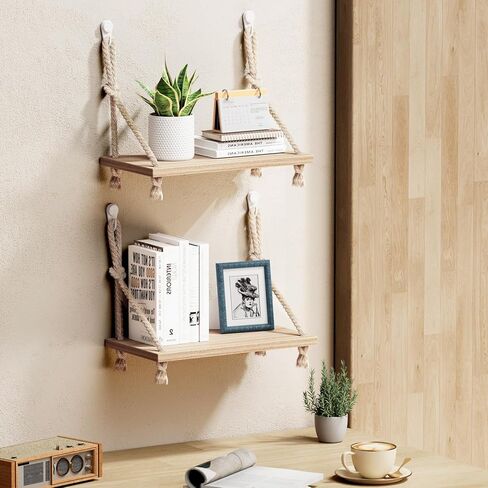 2 Pack Hanging Cubicle Shelves for Fabric Walls, 11.8" Wood Wall Shelf with Hooks and Cotton Rope, Boho Style Storage for Office Cubicles and Home Workspaces in Saudi Arabia