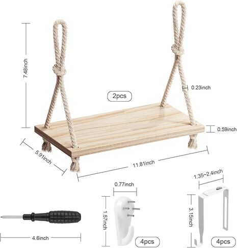 2 Pack Hanging Cubicle Shelves for Fabric Walls, 11.8" Wood Wall Shelf with Hooks and Cotton Rope, Boho Style Storage for Office Cubicles and Home Workspaces in Saudi Arabia