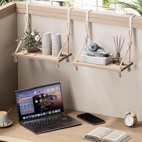 2 Pack Hanging Cubicle Shelves for Fabric Walls, 11.8" Wood Wall Shelf with Hooks and Cotton Rope, Boho Style Storage for Office Cubicles and Home Workspaces in Saudi Arabia