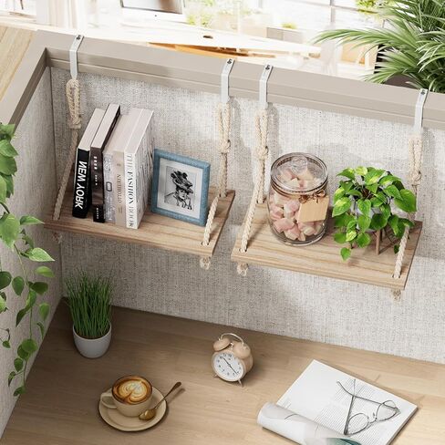 2 Pack Hanging Cubicle Shelves for Fabric Walls, 11.8" Wood Wall Shelf with Hooks and Cotton Rope, Boho Style Storage for Office Cubicles and Home Workspaces in Saudi Arabia