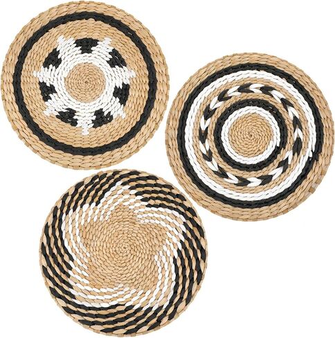 Glenmal 3 Pcs Boho Wall Basket Decor Decorative Bulrush Woven Basket Wall Decor Art Farmhouse Handmade Hanging Baskets with African Design for Living Room Display Table Settings Kitchen Home(Vivid) in Saudi Arabia