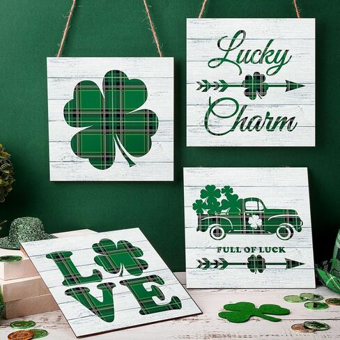 Gerrii 4 Pieces St. Patrick's Day Wall Hanging Shamrock Welcome Wooden Sign Decor Irish Clover Hanging Lucky Buffalo Plaid Truck Decor Home Farmhouse Plaque for Holiday in Saudi Arabia