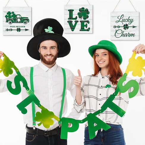Gerrii 4 Pieces St. Patrick's Day Wall Hanging Shamrock Welcome Wooden Sign Decor Irish Clover Hanging Lucky Buffalo Plaid Truck Decor Home Farmhouse Plaque for Holiday in Saudi Arabia
