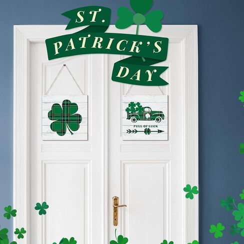 Gerrii 4 Pieces St. Patrick's Day Wall Hanging Shamrock Welcome Wooden Sign Decor Irish Clover Hanging Lucky Buffalo Plaid Truck Decor Home Farmhouse Plaque for Holiday in Saudi Arabia