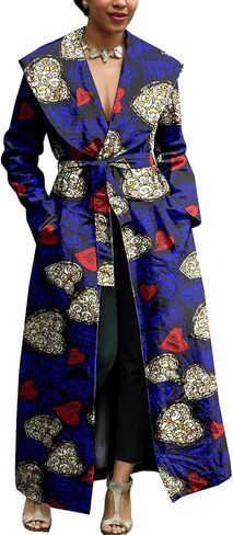 Women's Long Trench Coat African Print Duster Coat Dashiki Overcoat Anakra Wax Fabric Maxi Length Outerwear in Saudi Arabia