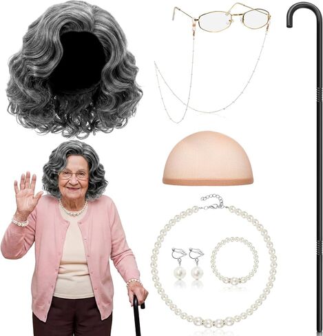Gejoy Old Lady Costume Set Grandma Wig for Kids Women Old Lady Walking Cane Glasses Chain Cords Faux Pearl Bead Necklace(Gray Bun Wig) in Saudi Arabia