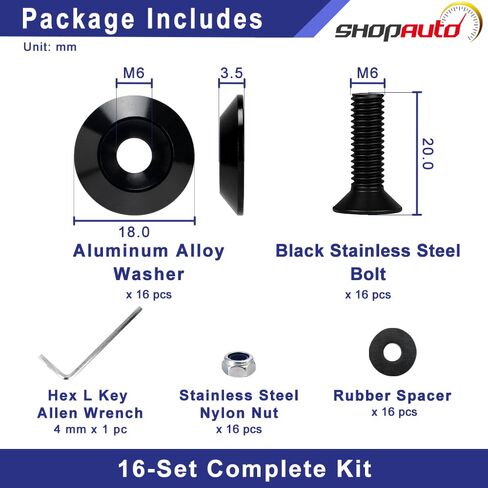 Aluminum M6x24 Tapered Washer Kit with Black Stainless M6x20 Countersunk Bolts — 16-Pack for Cars SUVs Trucks Pickups ATV UTV (Black) in Saudi Arabia