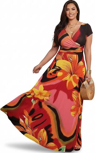 KOH KOH Womens Cap Sleeves Floral Print V-Neck Summer Elegant Long Maxi Dress in Kuwait