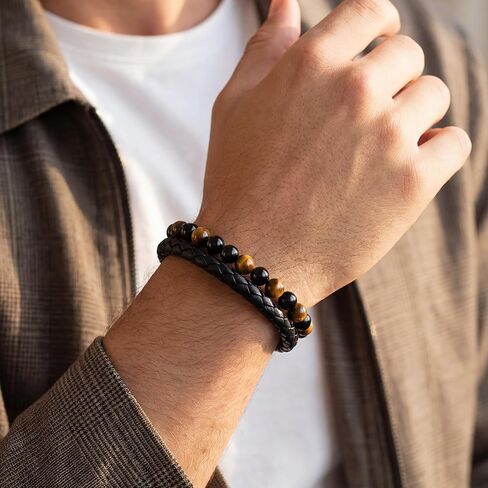 RANKEEF Gifts for Men - Mens Beaded Leather Bracelet with Tiger Eye Stainless Steel Engraved Anniversary Christmas Birthday Gifts for Son Husband Man 7.5/8.5/9 Inches Mens Leather Bracelet in Saudi Arabia