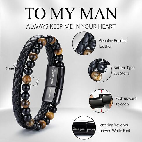 RANKEEF Gifts for Men - Mens Beaded Leather Bracelet with Tiger Eye Stainless Steel Engraved Anniversary Christmas Birthday Gifts for Son Husband Man 7.5/8.5/9 Inches Mens Leather Bracelet in Saudi Arabia