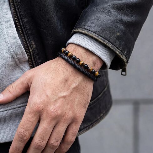 RANKEEF Gifts for Men - Mens Beaded Leather Bracelet with Tiger Eye Stainless Steel Engraved Anniversary Christmas Birthday Gifts for Son Husband Man 7.5/8.5/9 Inches Mens Leather Bracelet in Saudi Arabia