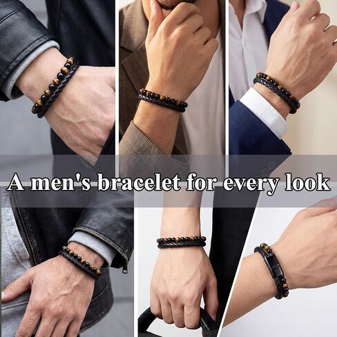 RANKEEF Gifts for Men - Mens Beaded Leather Bracelet with Tiger Eye Stainless Steel Engraved Anniversary Christmas Birthday Gifts for Son Husband Man 7.5/8.5/9 Inches Mens Leather Bracelet in Saudi Arabia