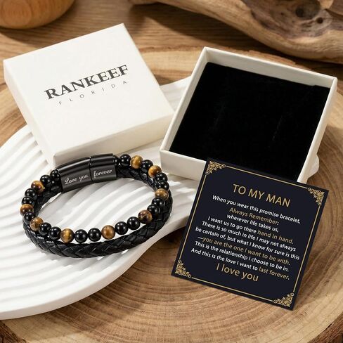 RANKEEF Gifts for Men - Mens Beaded Leather Bracelet with Tiger Eye Stainless Steel Engraved Anniversary Christmas Birthday Gifts for Son Husband Man 7.5/8.5/9 Inches Mens Leather Bracelet in Saudi Arabia