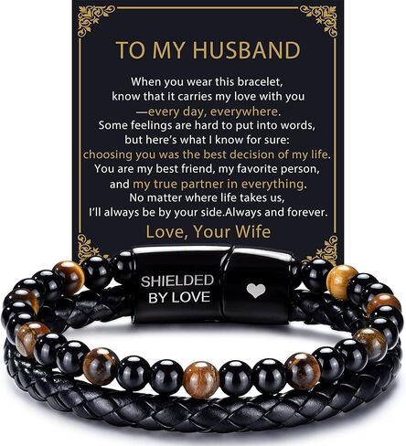 RANKEEF Gifts for Men - Mens Beaded Leather Bracelet with Tiger Eye Stainless Steel Engraved Anniversary Christmas Birthday Gifts for Son Husband Man 7.5/8.5/9 Inches Mens Leather Bracelet in Saudi Arabia