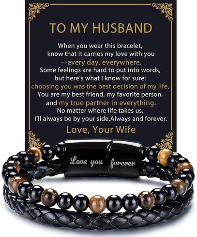 RANKEEF Gifts for Men - Mens Beaded Leather Bracelet with Tiger Eye Stainless Steel Engraved Anniversary Christmas Birthday Gifts for Son Husband Man 7.5/8.5/9 Inches Mens Leather Bracelet in Saudi Arabia
