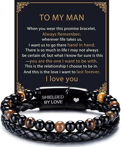 RANKEEF Gifts for Men - Mens Beaded Leather Bracelet with Tiger Eye Stainless Steel Engraved Anniversary Christmas Birthday Gifts for Son Husband Man 7.5/8.5/9 Inches Mens Leather Bracelet in Saudi Arabia