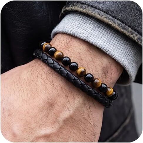 RANKEEF Gifts for Men - Mens Beaded Leather Bracelet with Tiger Eye Stainless Steel Engraved Anniversary Christmas Birthday Gifts for Son Husband Man 7.5/8.5/9 Inches Mens Leather Bracelet in Saudi Arabia