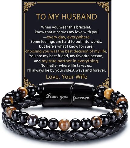 RANKEEF Gifts for Men - Mens Beaded Leather Bracelet with Tiger Eye Stainless Steel Engraved Anniversary Christmas Birthday Gifts for Son Husband Man 7.5/8.5/9 Inches Mens Leather Bracelet in Saudi Arabia