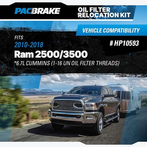 طقم نقل فلتر الزيت Pacbrake HP10593 يناسب 2010-2018 RAM 2500/3500 مع محرك Cummins سعة 6.7 لتر (خيط 1-16) | سهلة التركيب | البناء الثقيل | المكونات متضمنة in Saudi Arabia