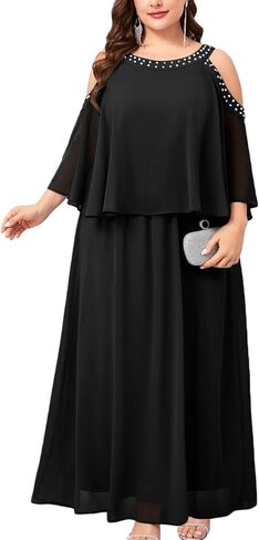 Plus Size Chiffon Formal Maxi Dress Cold Shoulder Beaded Neckline Evening Gown with Tiered Overlay Wedding Guest in Saudi Arabia