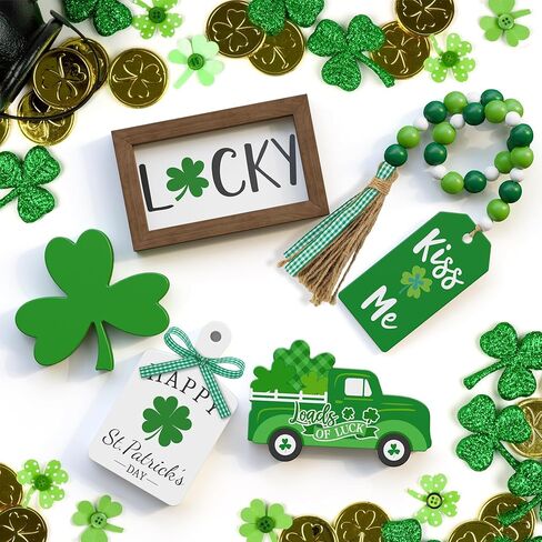 مجموعة ديكور صينية متدرجة لعيد القديس باتريك - 5 قطع علامات خشبية شامروك، ديكور محظوظ، إكليل من الخرز، ديكورات يوم القديس باتريك للمنزل، ديكورات حفلات طاولة المطبخ in Kuwait