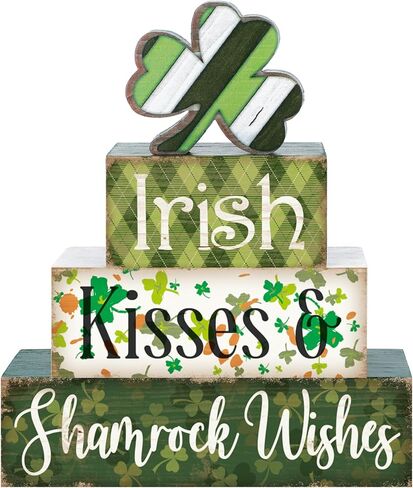4 Pcs St Patricks Day Table Decorations Shamrocks St. Patrick's Day Tiered Tray Decor Irish Clover Blocks Lucky Print for Party Home Desk(Fresh Style) in Saudi Arabia