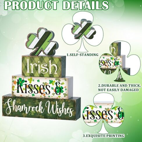 4 Pcs St Patricks Day Table Decorations Shamrocks St. Patrick's Day Tiered Tray Decor Irish Clover Blocks Lucky Print for Party Home Desk(Fresh Style) in Saudi Arabia