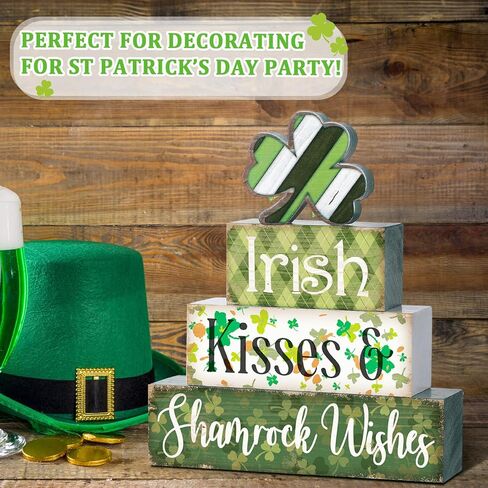 4 Pcs St Patricks Day Table Decorations Shamrocks St. Patrick's Day Tiered Tray Decor Irish Clover Blocks Lucky Print for Party Home Desk(Fresh Style) in Saudi Arabia