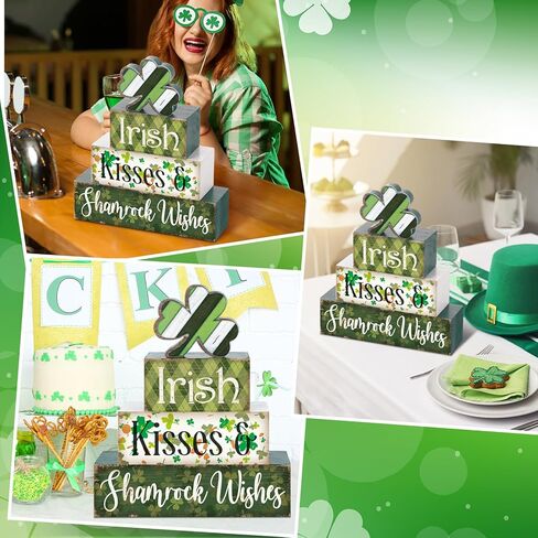 4 Pcs St Patricks Day Table Decorations Shamrocks St. Patrick's Day Tiered Tray Decor Irish Clover Blocks Lucky Print for Party Home Desk(Fresh Style) in Saudi Arabia