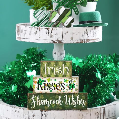 4 Pcs St Patricks Day Table Decorations Shamrocks St. Patrick's Day Tiered Tray Decor Irish Clover Blocks Lucky Print for Party Home Desk(Fresh Style) in Saudi Arabia