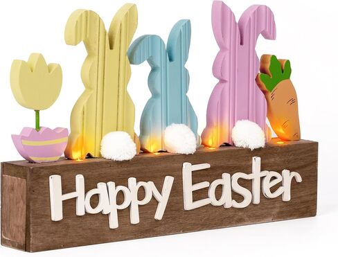 Valery Madelyn Easter Decorations, Wooden Easter Decor for Table with LED Lights, Lighted Bunny Decorations for The Home Decor Shelf Tiered Tray Living Room, 8 Inch, Pink Blue in Saudi Arabia