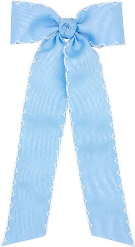 Wee Ones Girls' Medium Moonstitch Grosgrain Bowtie with Moonstitch trim, Knot Wrap and 9" streamer tails, White with Red Stitching in Saudi Arabia