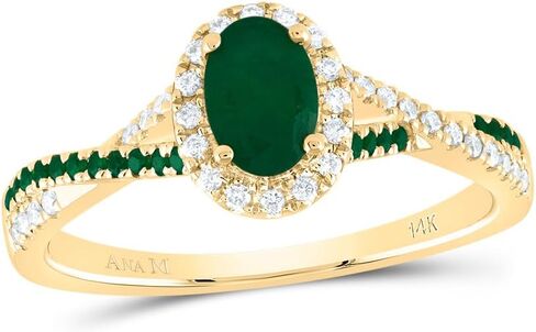 Jewels By Lux 14kt Yellow Gold 1/8 Cttw Diamond Ana M and 1/10 Cttw Round Emerald 6x4mm Oval Emerald Natural Gem Single Halo Wedding Engagement Anniversary Bridal Ring, Women Size: 5-9 in Saudi Arabia