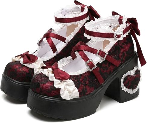 حذاء ماري جين نسائي من Lolita Gothic Platform، بحزام متقاطع من الدانتيل PU وكعب على شكل قلب مكتنز أنيق وآمن in Kuwait