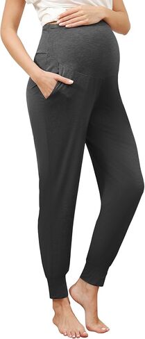 سراويل الأمومة للنساء من الخيزران الفسكوز فوق البطن للركض مع جيوب ناعمة للحمل من الأسفل S-XXL in Kuwait