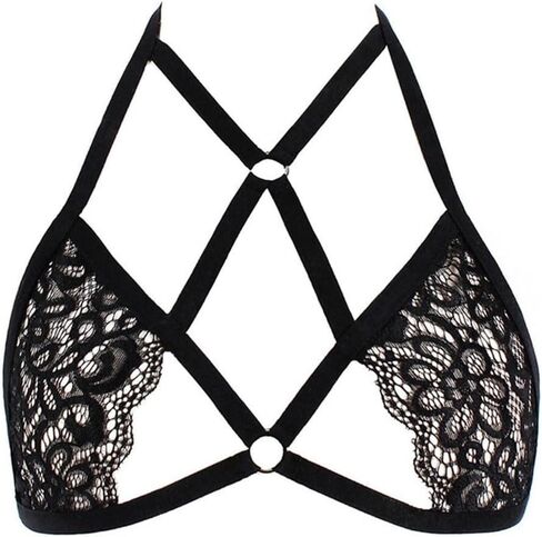 Womens Lace Harness Bra with Sheer Cut-Out Detail – Sexy Strap Nightwear Underwear for Lingerie, Polyester Blend, S–3XL(L Black) in Kuwait
