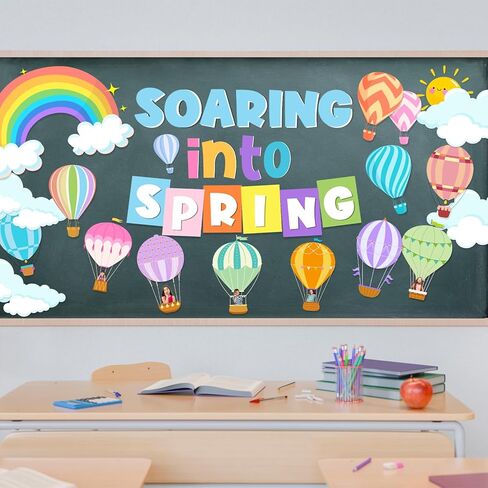 Spring Bulletin Board Decorations, Soaring Into Springs Bulletin Board includes Hot Air Balloon Rainbow Board Border and Soaring Into Spring Letters Cutouts, for Classroom School in Saudi Arabia