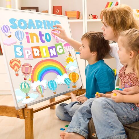 Spring Bulletin Board Decorations, Soaring Into Springs Bulletin Board includes Hot Air Balloon Rainbow Board Border and Soaring Into Spring Letters Cutouts, for Classroom School in Saudi Arabia