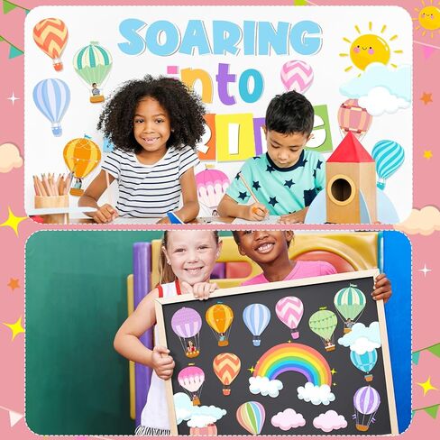 Spring Bulletin Board Decorations, Soaring Into Springs Bulletin Board includes Hot Air Balloon Rainbow Board Border and Soaring Into Spring Letters Cutouts, for Classroom School in Saudi Arabia