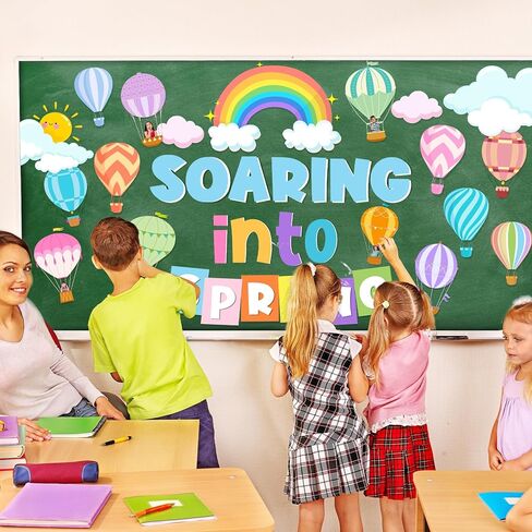 Spring Bulletin Board Decorations, Soaring Into Springs Bulletin Board includes Hot Air Balloon Rainbow Board Border and Soaring Into Spring Letters Cutouts, for Classroom School in Saudi Arabia