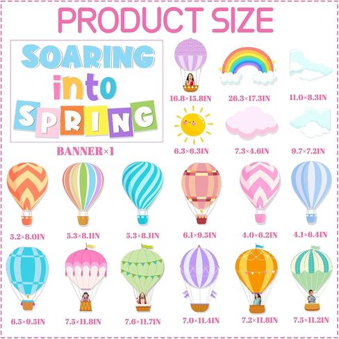 Spring Bulletin Board Decorations, Soaring Into Springs Bulletin Board includes Hot Air Balloon Rainbow Board Border and Soaring Into Spring Letters Cutouts, for Classroom School in Saudi Arabia