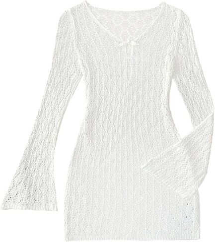 SHENHE Girl's Crochet Knit Beach Cover Ups Dress Bell Long Sleeve V Neck Sheer Swimsuit Coverups in Saudi Arabia