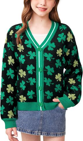Girls St Patricks Button V-Neck Knit Sweater Cardigan Irish Lucky Shamrock Outfit 6-14 Years in Saudi Arabia