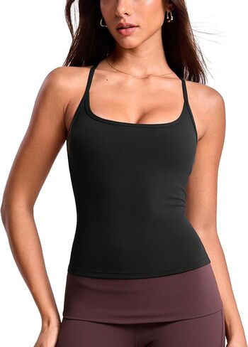 Womens Low Scoop Neck Racerback Tank Top Workout Yoga Pilates Camisole Built-in Bra Fitted Sleeveless Shirt in Saudi Arabia