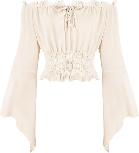 KIMIKAL Renaissance Cottagecore Shirt Women Peasant Blouse - Tie Front Off Shoulder Trumpet Sleeve Top in Saudi Arabia