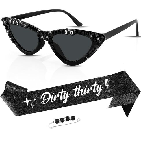 Chanaco Dirty 30 Birthday Sash and Sungllasses for Women 30th Birthday decorations for Her Rip to My 20s Set Black Glitter Sash Gift Outfit for Party Decoration in Saudi Arabia
