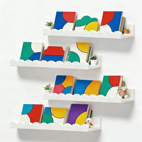 Nursery Book Shelves, Set of 4 Floating Book Shelves, Scalloped Wall Bookshelf for Bedroom, White Decor for Nursery, Baby, Toddler Room in Saudi Arabia