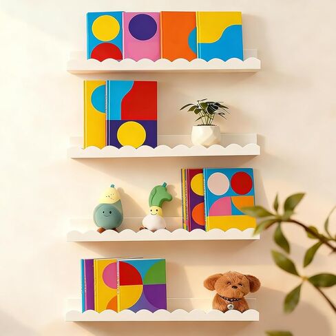 Nursery Book Shelves, Set of 4 Floating Book Shelves, Scalloped Wall Bookshelf for Bedroom, White Decor for Nursery, Baby, Toddler Room in Saudi Arabia