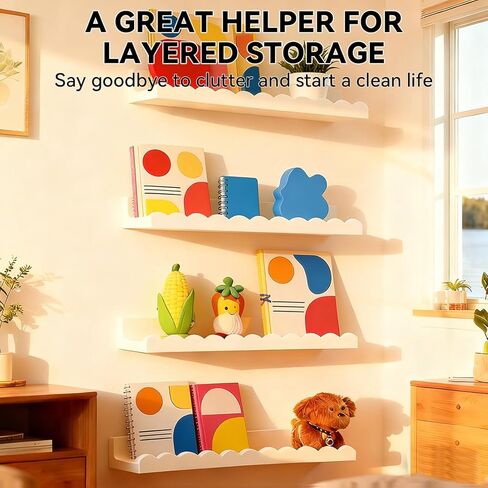 Nursery Book Shelves, Set of 4 Floating Book Shelves, Scalloped Wall Bookshelf for Bedroom, White Decor for Nursery, Baby, Toddler Room in Saudi Arabia
