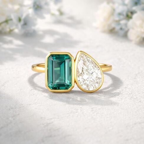 2CT الزمرد خاتم الخطوبة 14K الذهب الأصفر مويسانيتي وعد الدائري اثنين حجر مجوهرات الزفاف أنت وأنا خاتم هدية in Saudi Arabia